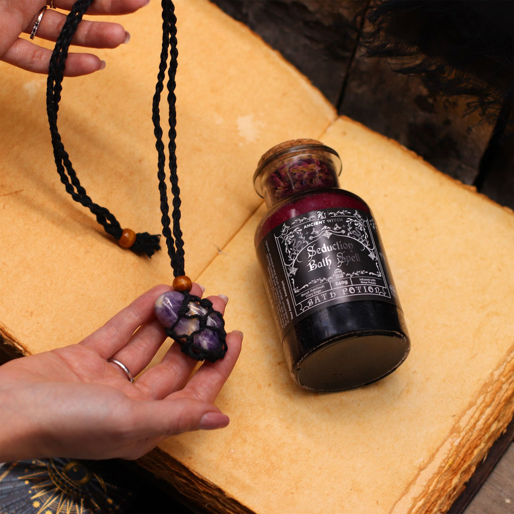 Ancient Witch Bath Spell Potion & Rock Crystal Amulet - Cleansing